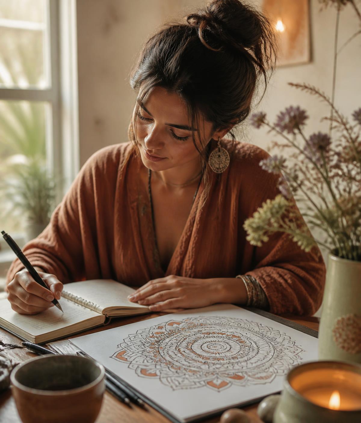 Mujer escribiendo en su cuaderno junto a un mandala en proceso, con luz natural cálida